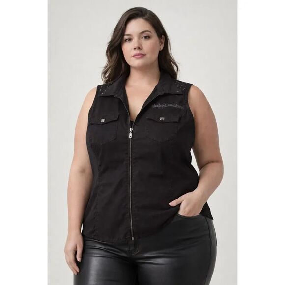 Harley-Davidson Jackets & Blazers - Harley Davidson Womens 1W Black Studded Moto Vest Graphic Back